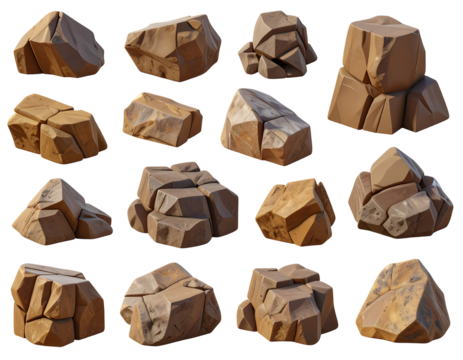 A collection of stylized 3D rock models, varying in size and shape, ideal for game assets or digital art