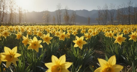 Sunlit field of vibrant yellow daffodils in full bloom, petals glistening ,  outdoor,  sunshine