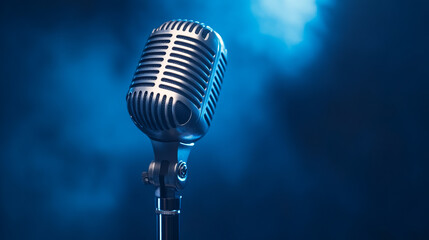 Retro microphone on stage dances in azure mist, echoing jazz nostalgia for Vinyl Records Day and World Music Day