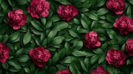Crimson peonies nestled in lush foliage, evoke hidden gardens and secretive Chinese Mid-Autumn Festival floral elegance