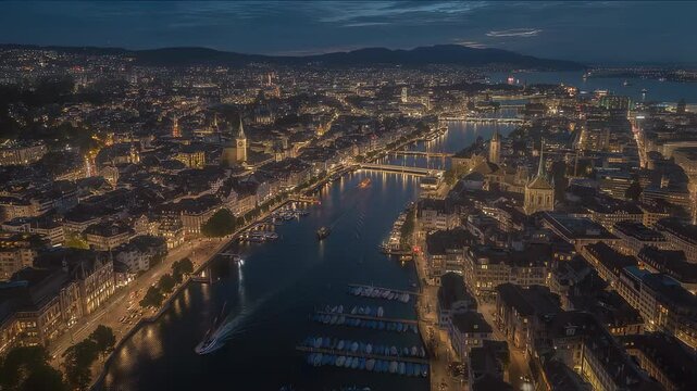 Zurich switzerland aerial night view with illuminated city lights along limmat river and glowing urban skyline