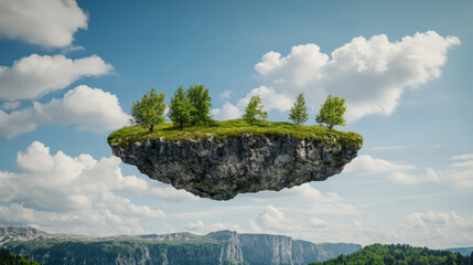 Floating island with lush trees, evoking Earth Day dreams and Nordic folklore's drifting isles, skybound ecological wonderland