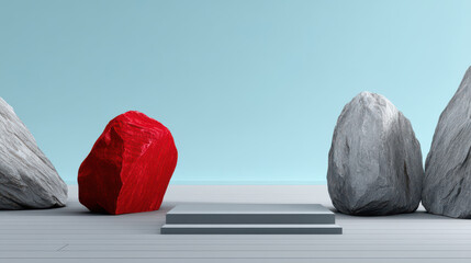 Vivid red rock on a presentation stage, surrounded by textured gray stones against a serene blue background, creating contrast and highlighting uniqueness.