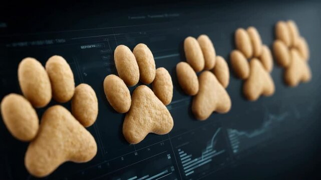 3D pet food icons rising along vertical bar graph, with futuristic data screen background