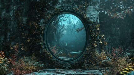 Overgrown stone wall with circular portal looking into a dark, misty forest.