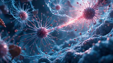 A futuristic and representation of a microscopic battle between bacteria and bacteriophages with natural light dramatically illuminating the dynamic fluid