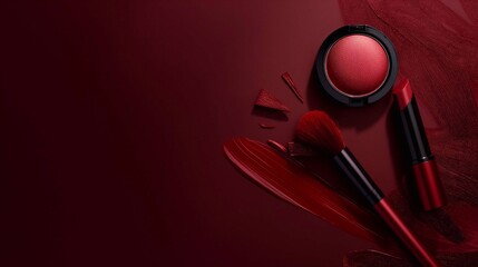 Top view of a red makeup set with a brush and lipstick on a dark burgundy background, a flat lay banner for a cosmetic products template design with copy space