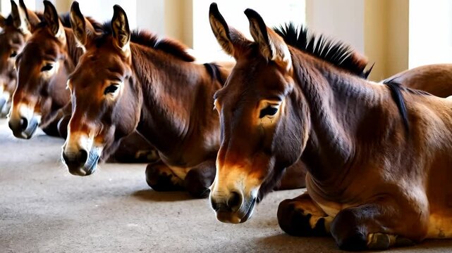 Row of brown resting mules, domestic animals in indoor stable, farm animal resting, brown fur and dark mane detail, equines, livestock resting