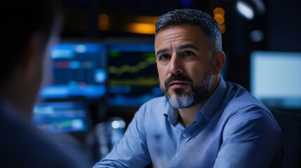 Serious Businessman in Night Office Discussing Important Matters