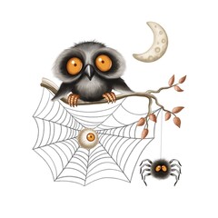Whimsical owl perched on branch with spider and web, moon shining in a playful autumn night scene