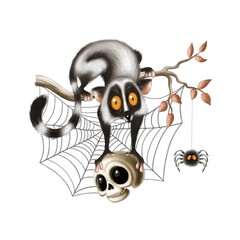 Creative illustration of a playful lemur on a skull with spider and web decorations for Halloween festivities © Iryna