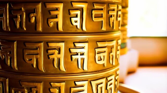 Close up of a golden prayer wheel with intricate Tibetan script, ornate traditional design, spiritual object in a temple setting