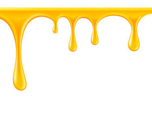 Golden liquid dripping downwards, viscous and glossy texture