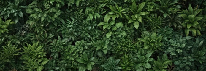 Dense collection of various green plants, vibrant tropical herbs and leaves , organic, background
