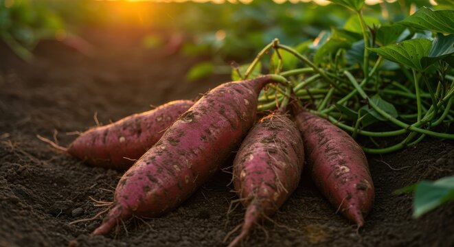 Sweet potatoes harvest abundance and soil richness at sunset