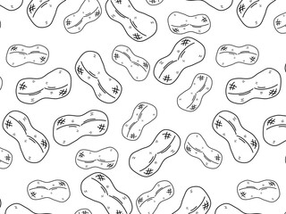 A seamless vector-style pattern featuring hand-drawn peanuts in shells, illustrated with simple black line art on a white background. This fun and organic design is ideal for food packaging