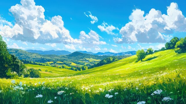 Landscape: green meadow with clouds