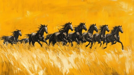Obraz premium A herd of black horses running through a field of golden grass. Dynamic painting.
