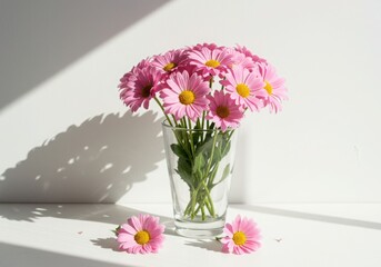 Fototapeta premium Pink daisy flowers in glass vase isolated on transparent background