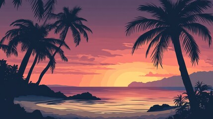 Tropical beach with palm trees at sunset, peaceful illustration.