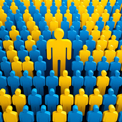 Fototapeta premium Yellow figure distinct among blue crowd, representing the concept of finding the right person in HR, business strategy, and organizational psychology