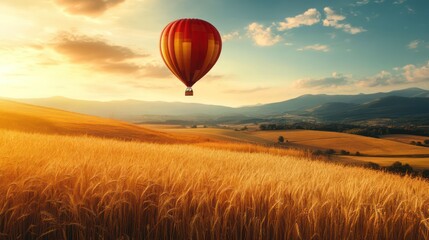 Obraz premium Hot air balloon soars over golden wheat field at sunset. A serene landscape.