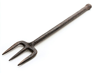 A hand-forged iron pitchfork, isolated on a clean white background, with evenly spaced prongs and no shadow.