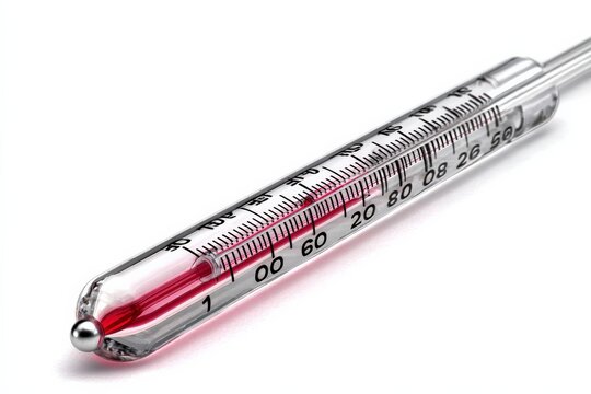 Close-up of a glass thermometer with red liquid showing a temperature reading.