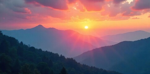 Fototapeta premium Serene sunrise over a misty mountain range, conveying a sense of spiritual awakening and inner peace Perfect for meditation, yoga, or mindfulness themes , reflection, sacred, serene background