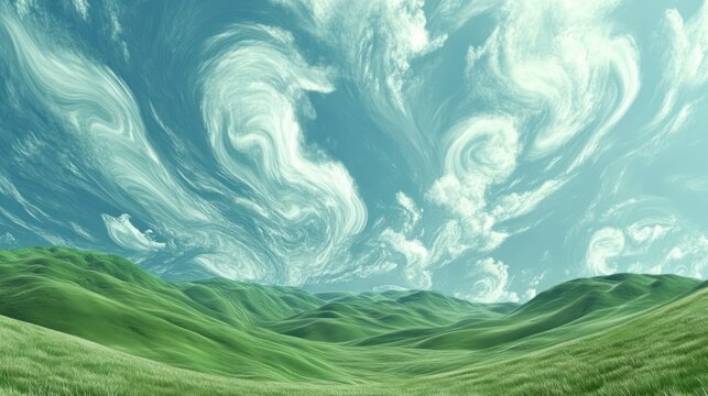 Lush green rolling hills under a wispy, cloud-filled blue sky.