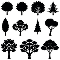 Silhouette set of diverse tree designs for white backgrounds