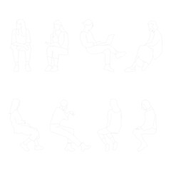 Linear silhouettes of seated people, designed for use in architectural plans, sections, and layouts.
