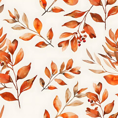 Obraz premium Watercolor-style autumn leaves in warm tones arranged in a seamless pattern on a light background. Concept of seasonal nature