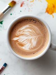Close-up of a cup of coffee on a white marble surface. the cup is white and has a handle on the side. the coffee is a light brown color and is frothy.