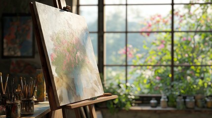 Easel with an abstract painting on it in an art studio. the easel is placed in front of a large window with a view of a garden outside.