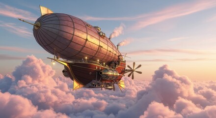 Steampunk airship soaring above clouds symbolizing adventure and innovation with retro design