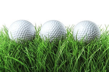 Three golf balls nestled in lush green grass against a white background.