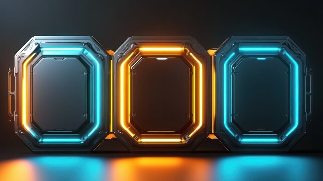 Futuristic interface with blue and orange glowing panels on dark background.