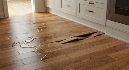 Damaged wood floor water damage and structural failure