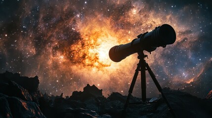 A telescope silhouetted against a vibrant, glowing nebula in a starry sky.