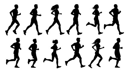 set of running people silhouette vector on tranparent background.