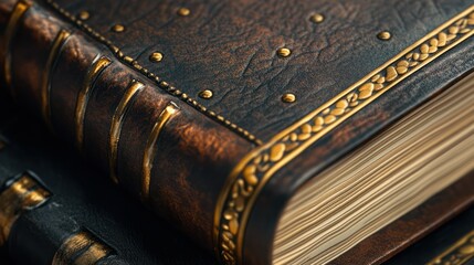 Close-up of an antique book with a leather cover and gold embellishments.