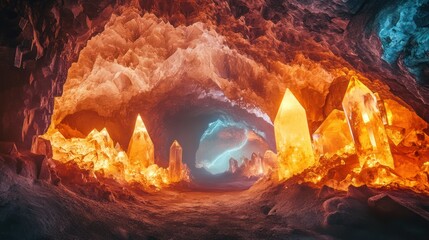 An otherworldly cave filled with glowing orange crystals and blue light.