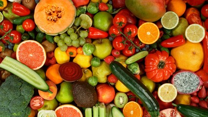 Different Types of Fresh Fruit and Vegetables on a Pile , Close-up
