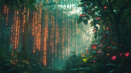 Magical forest with glowing lights and vibrant foliage, dreamlike scene.