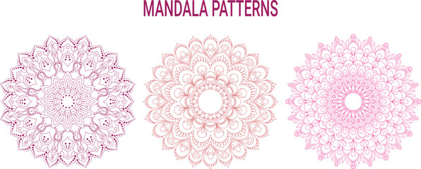 Mandala Pattern Designs in three different styles. floral mandala Indian style  colored vector illustration on white background, hand drawn Indian traditional and cultural. Vector abstract mandala.
