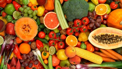 Different Types of Fresh Fruit and Vegetables on a Pile , Close-up