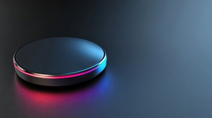 Sleek black platform with neon light accents, perfect for showcasing a product.