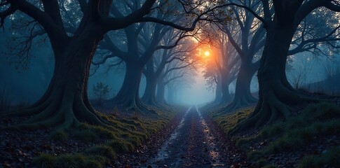 Obraz premium Mysterious, shadowed forest path winding through ancient, gnarled trees, bathed in an ethereal, twilight glow A sense of foreboding hangs heavy in the air , surreal, wilderness