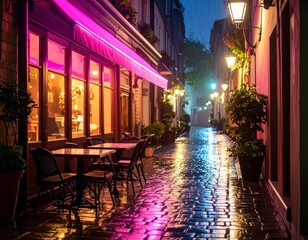 Rainy alleyway with neon reflections near a cozy café Generative AI